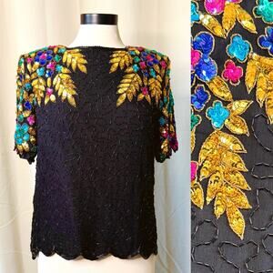 VTG 80s Stenay 100% Silk Sequin Beaded Scalloped Top Festival Wear